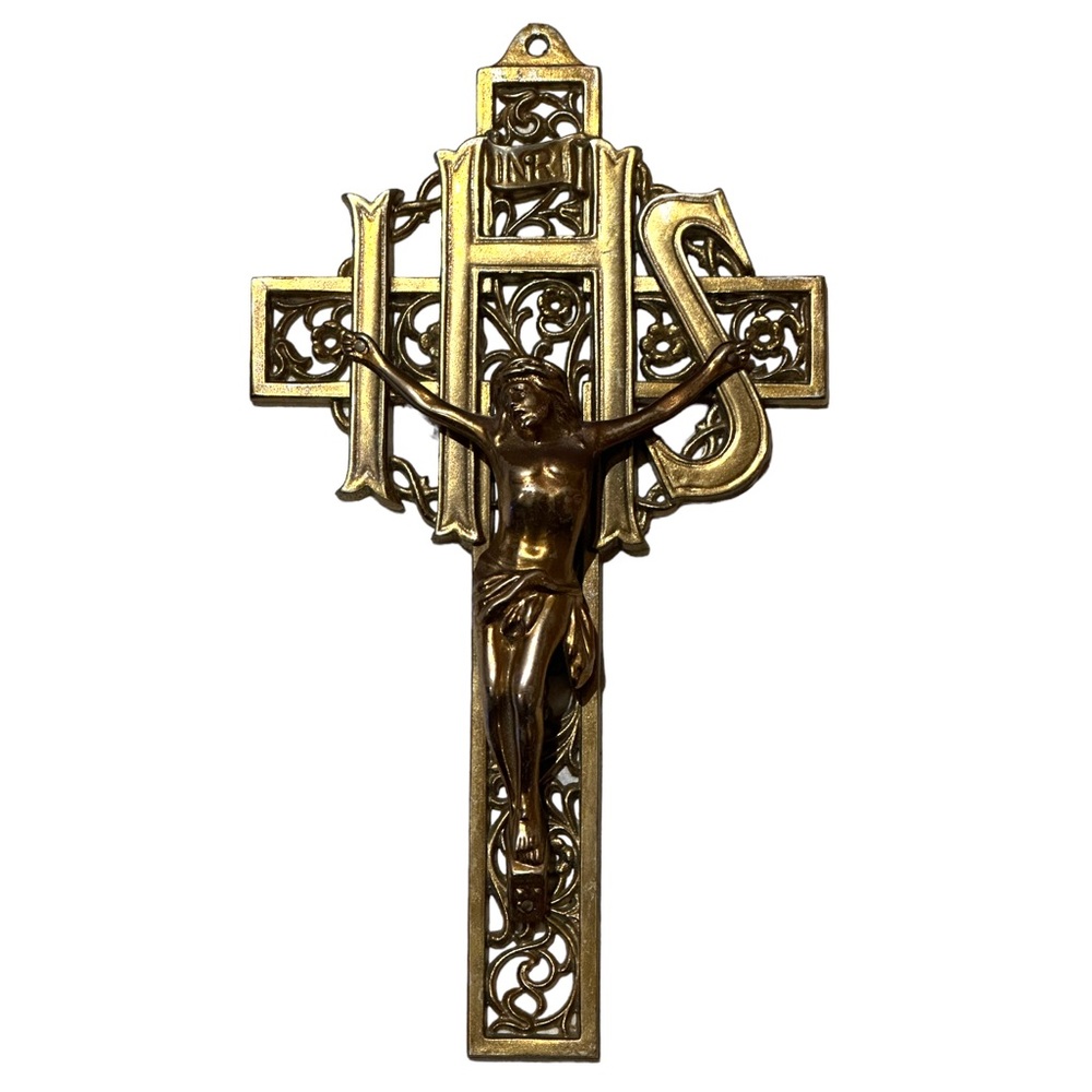 Vintage Pewter Filigree IHS Cross Crucifix with Gold Tone Finish - 9 Inch